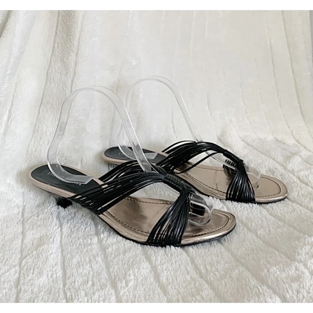 ETIENNE AIGNER Sz 9M “EMMI” Black Strappy Kitten Heel Slide Sandals